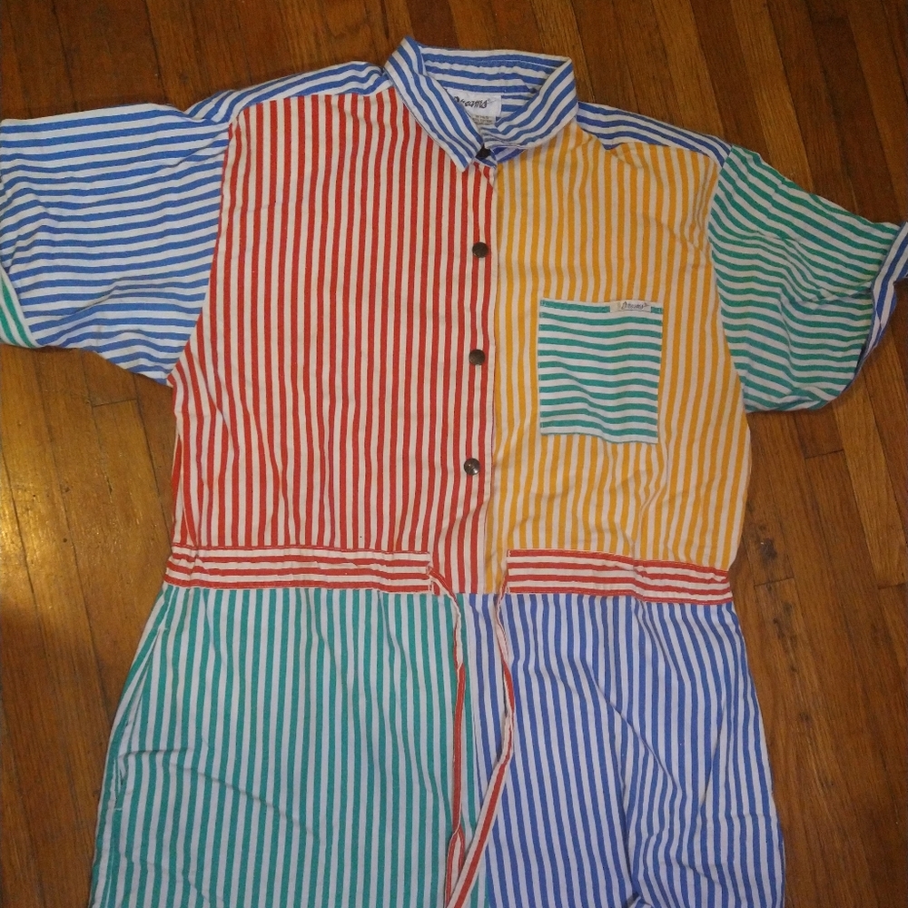 Vintage rainbow multicolor stripe romper size large 90s pride with shoulder pads